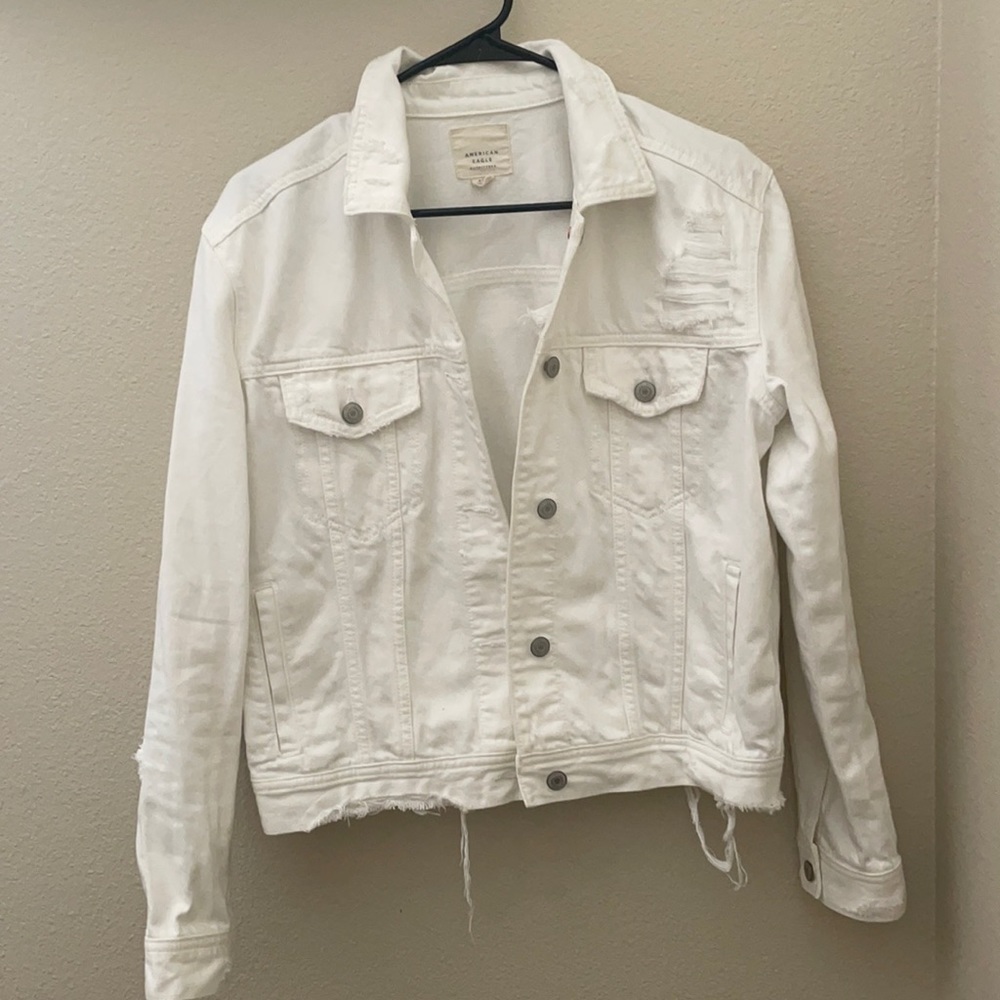 White distressed with rips cropped denim jacket